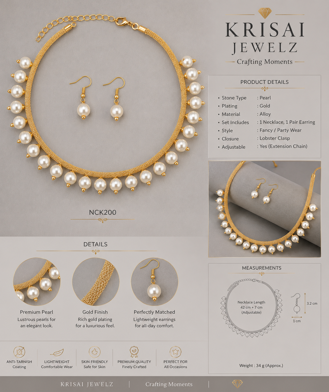 Elegant Pearl Choker Necklace & Earrings Set for Women