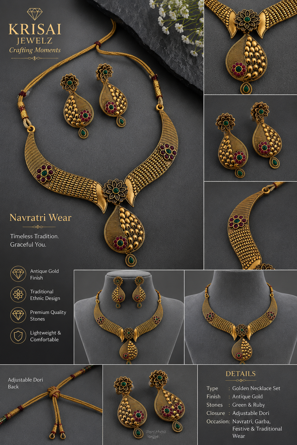 Antique Temple Floral Necklace & Earrings Set