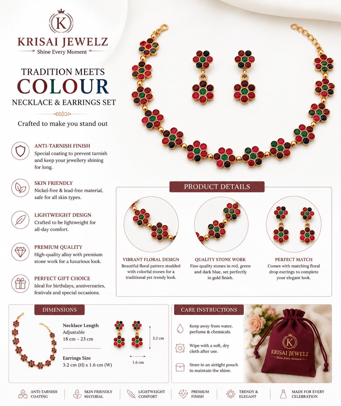 Floral Multicolor Stone Necklace & Earrings Set