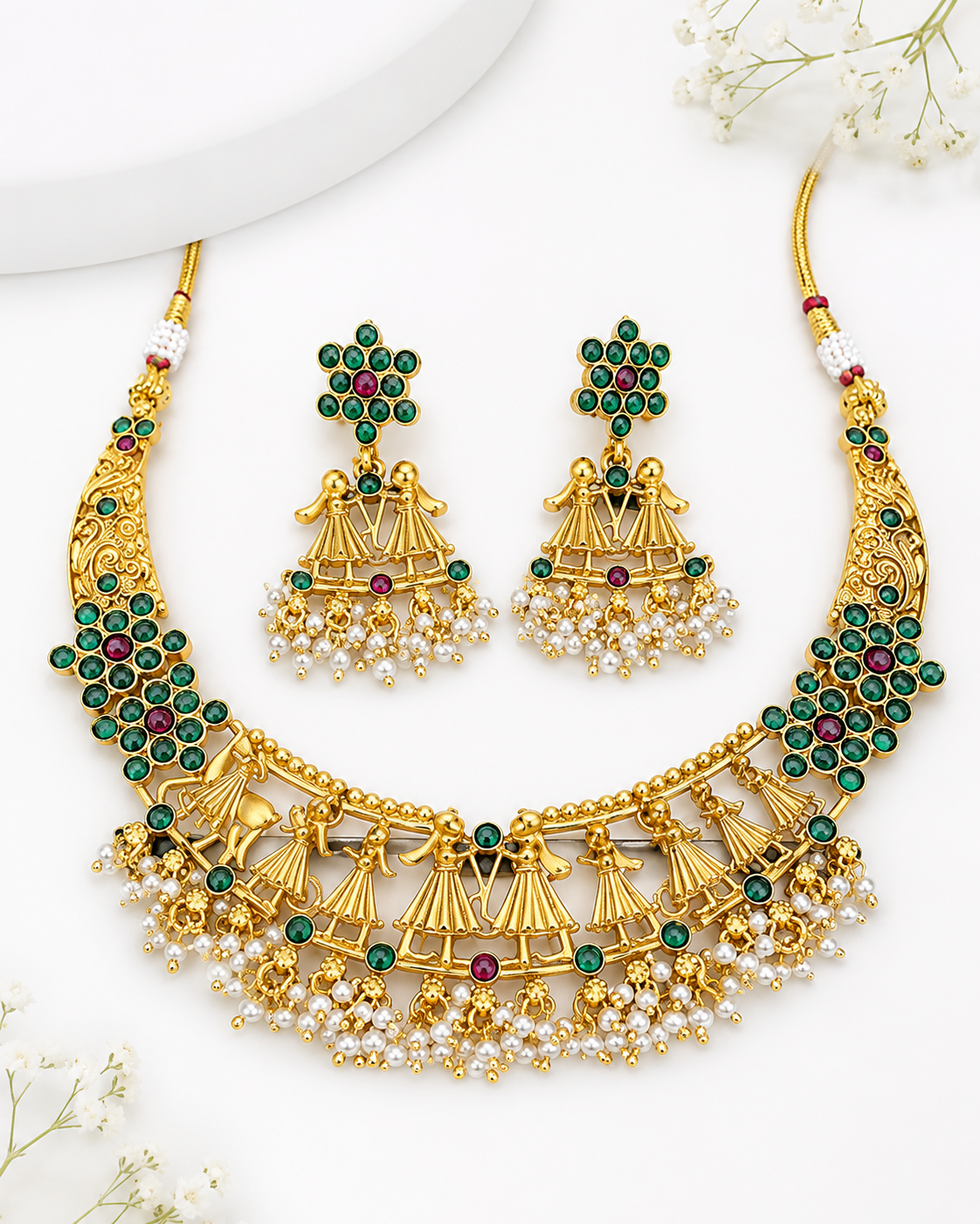 Navratri Heritage Matte Finish Green Stone & Pearl Necklace Set with Earrings