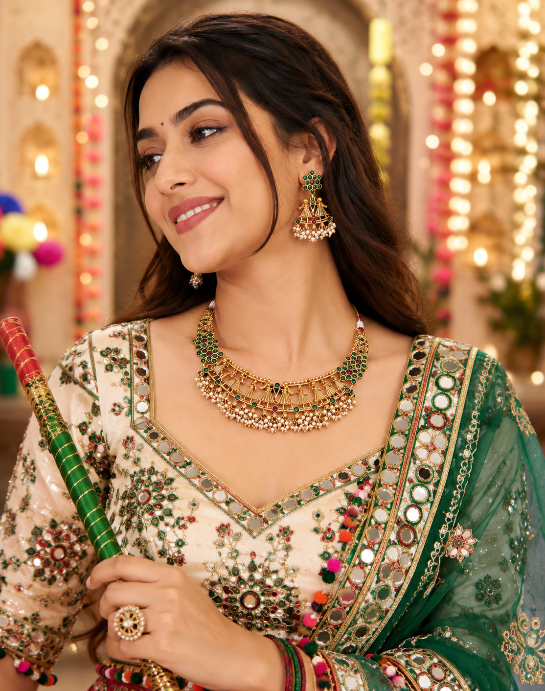 Navratri Heritage Matte Finish Green Stone & Pearl Necklace Set with Earrings