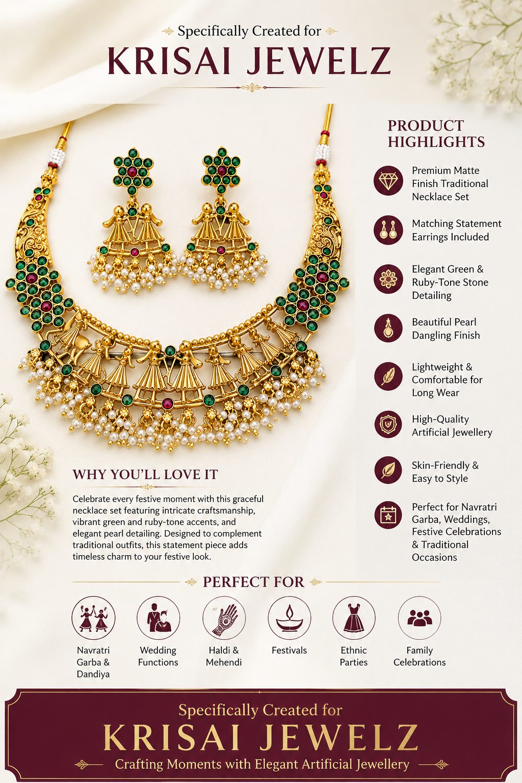 Navratri Heritage Matte Finish Green Stone & Pearl Necklace Set with Earrings