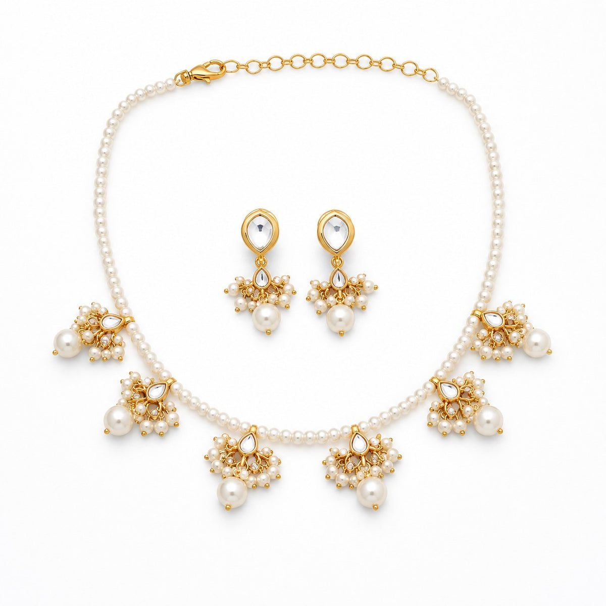 Elegant Pearl Drop Kundan Necklace Set with Earrings