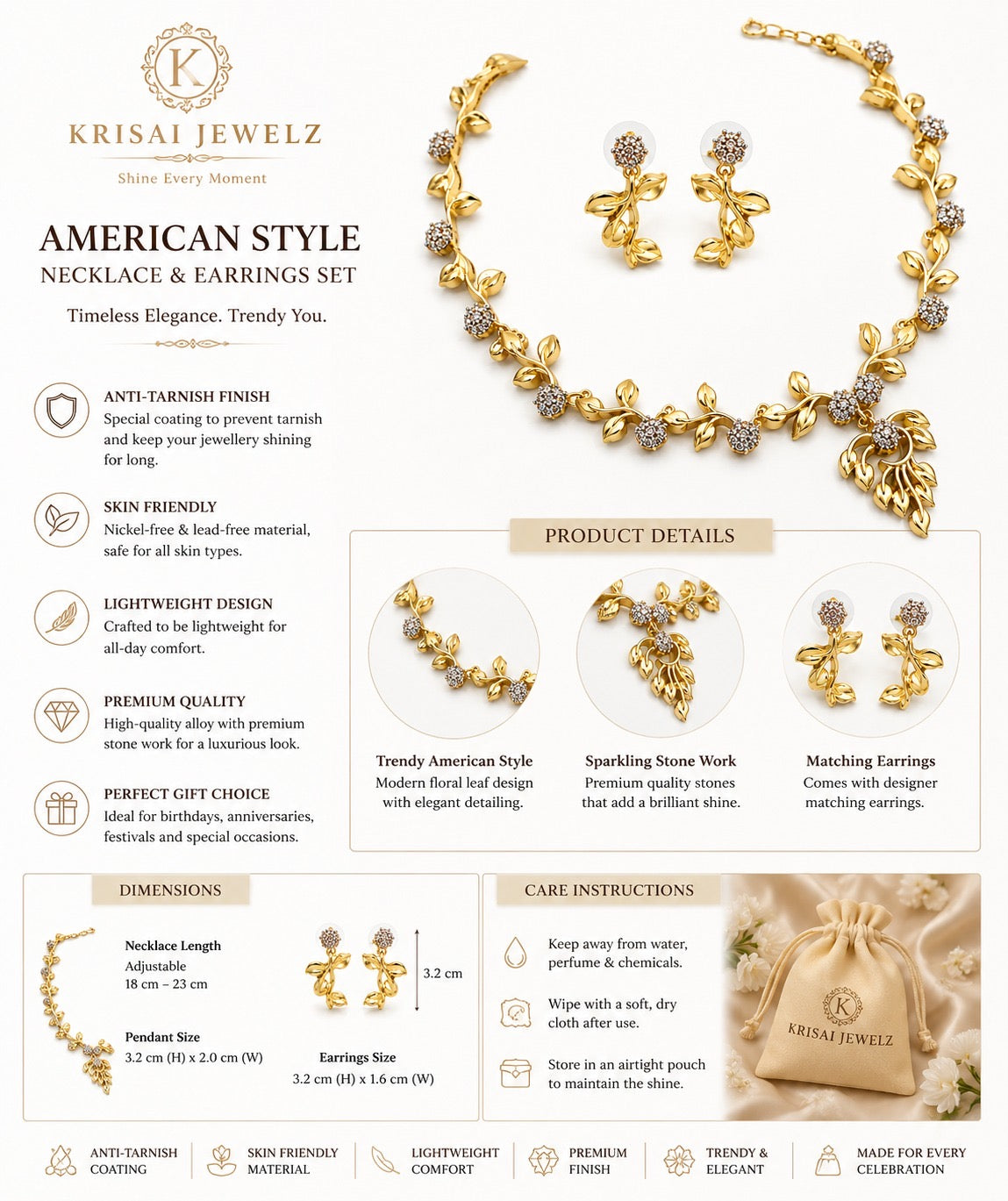 Leaf Pendant Necklace & Earrings Set