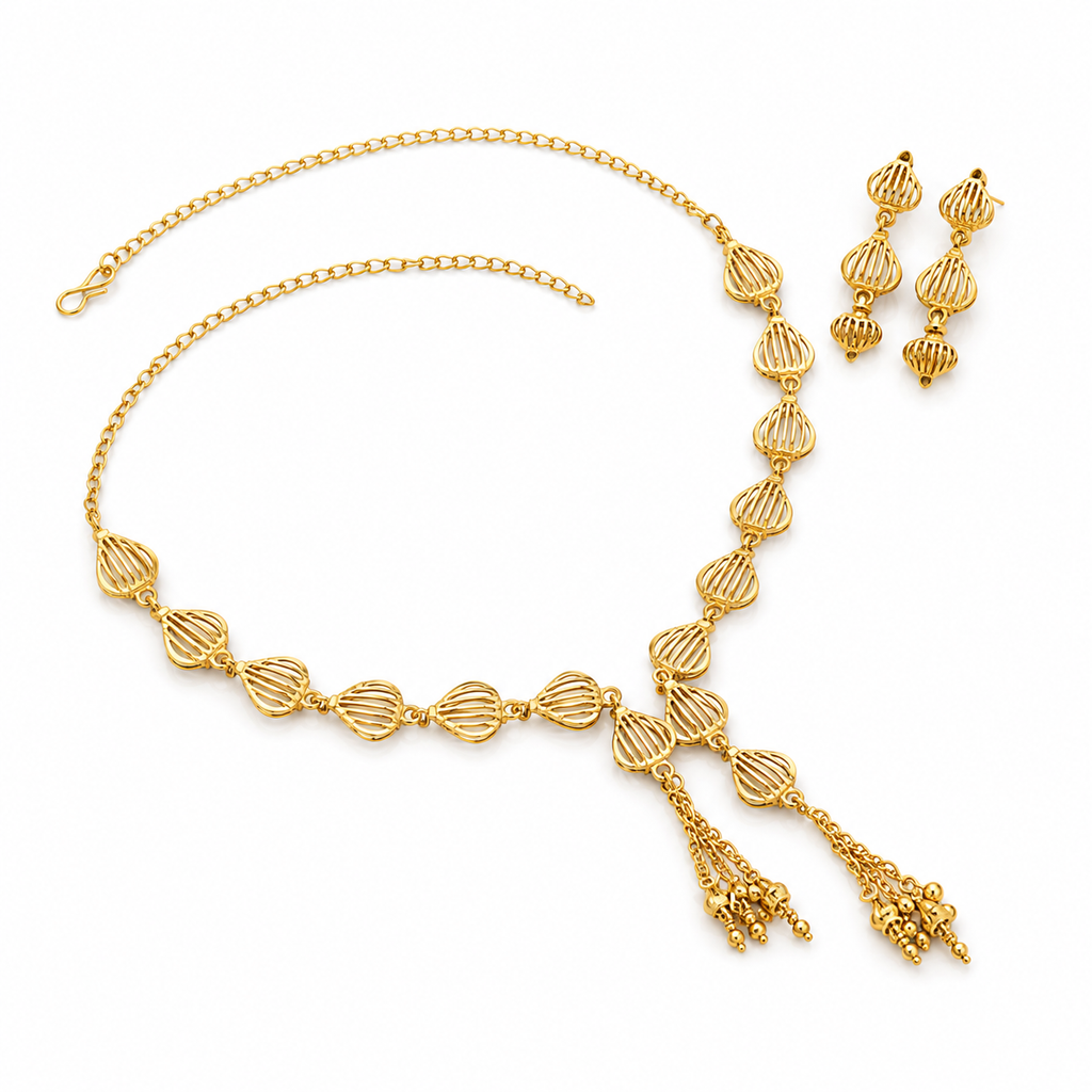 Antique Gold Heart Motif Necklace Set with Matching Earrings