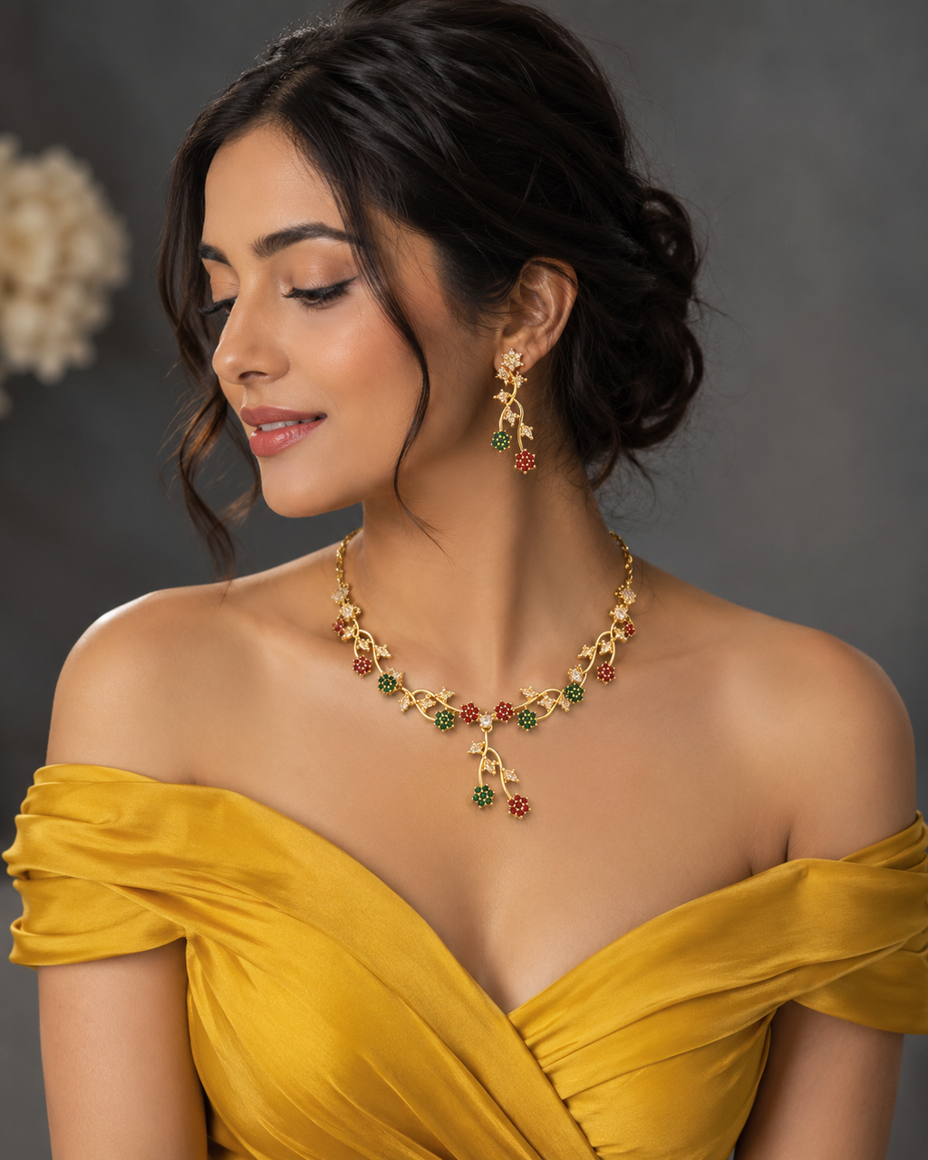 Floral Ruby & Emerald CZ Necklace & Earrings Set for Women