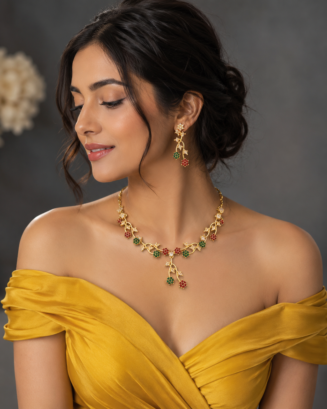 Floral Ruby & Emerald CZ Necklace & Earrings Set for Women
