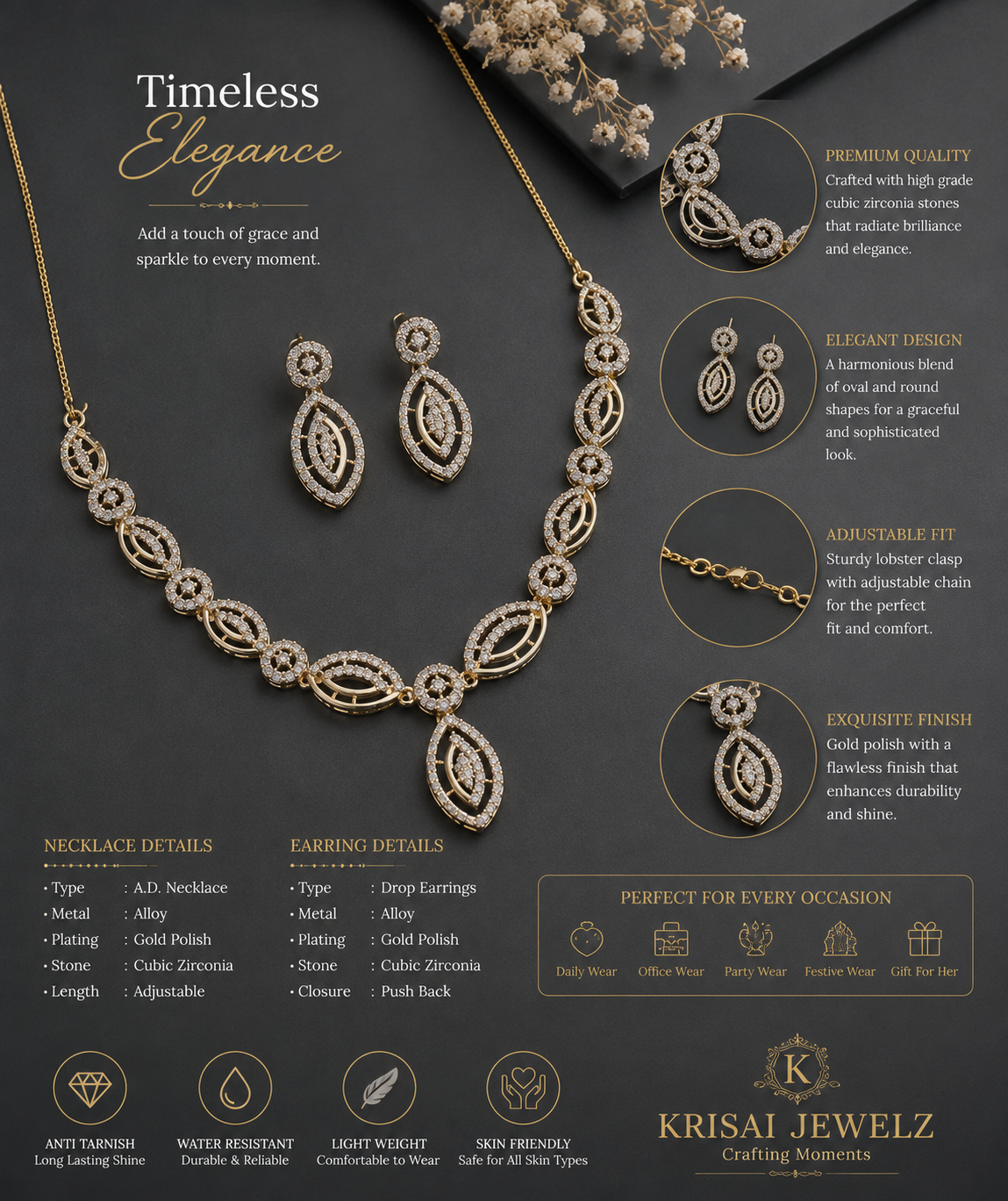 Elegant Dual Tone Crystal Necklace & Earrings Set