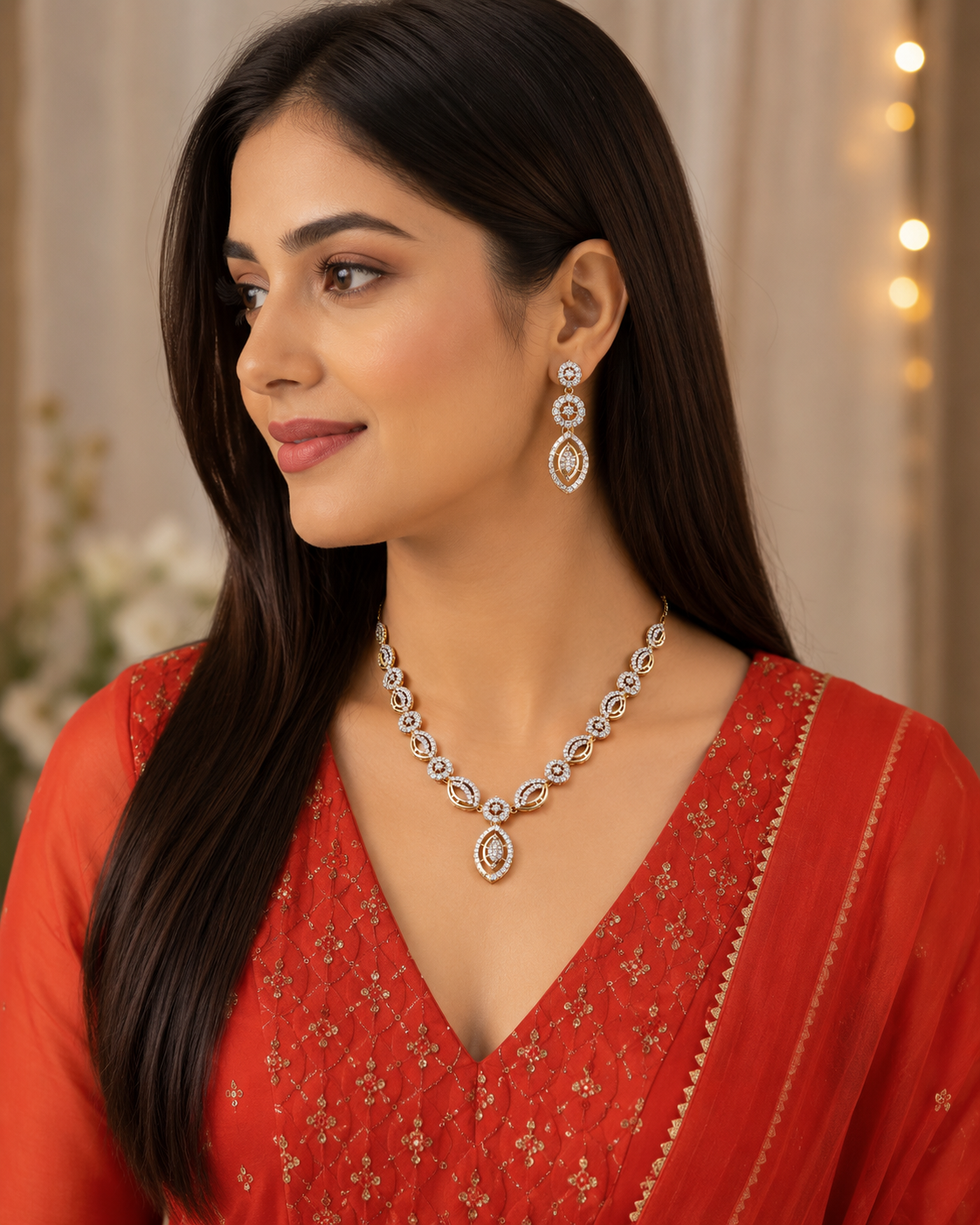 Elegant Dual Tone Crystal Necklace & Earrings Set