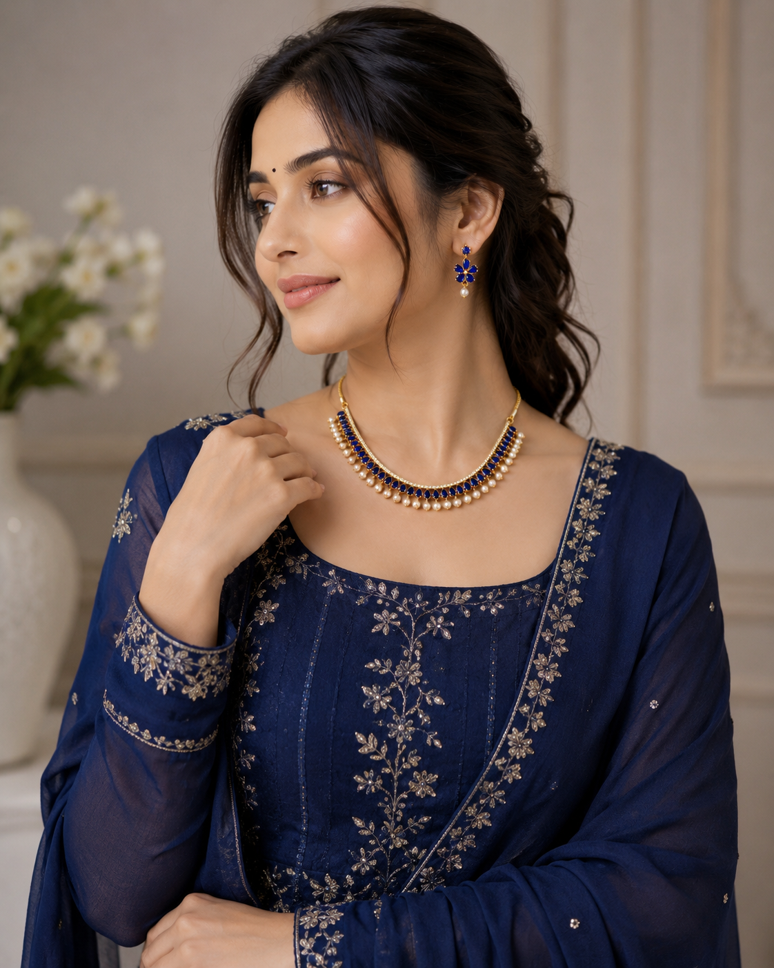 Royal Blue Kundan Pearl Necklace & Earrings Set