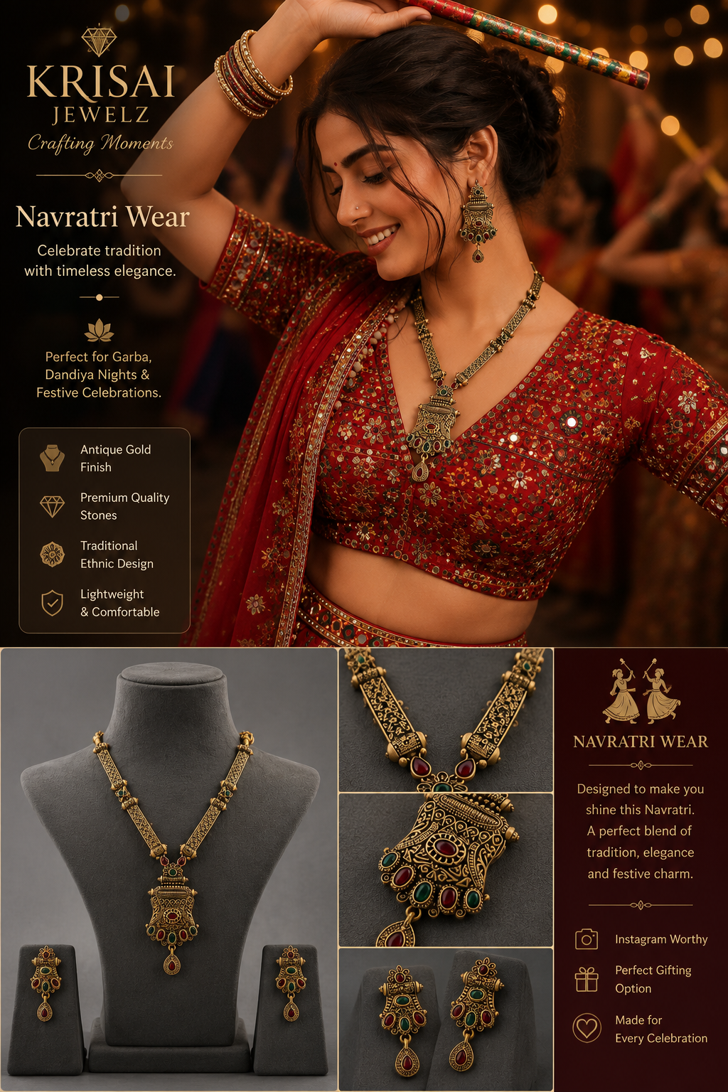 Antique Temple Pendant Necklace & Jhumka Earrings Set