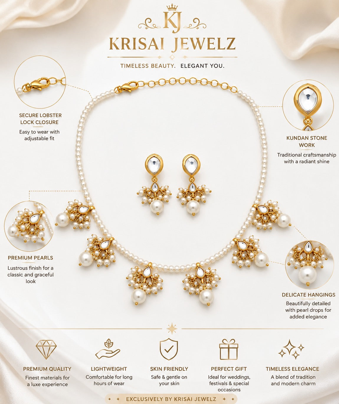 Elegant Pearl Drop Kundan Necklace Set with Earrings