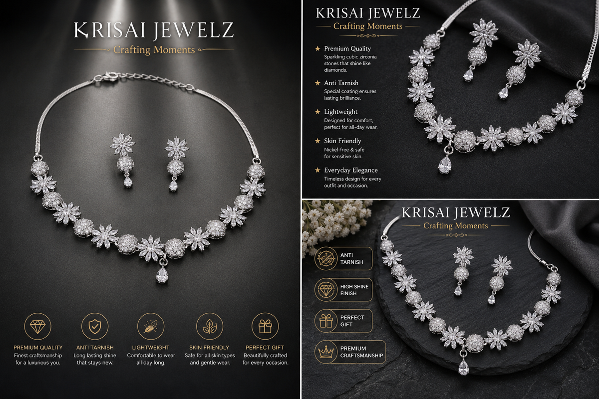 Floral Diamond Necklace & Earrings Set for Women