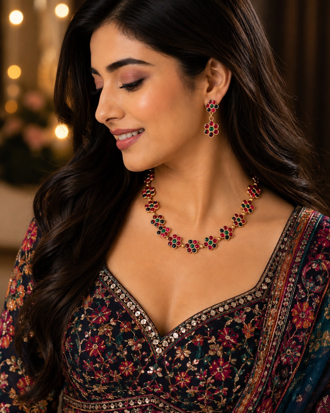 Floral Multicolor Stone Necklace & Earrings Set