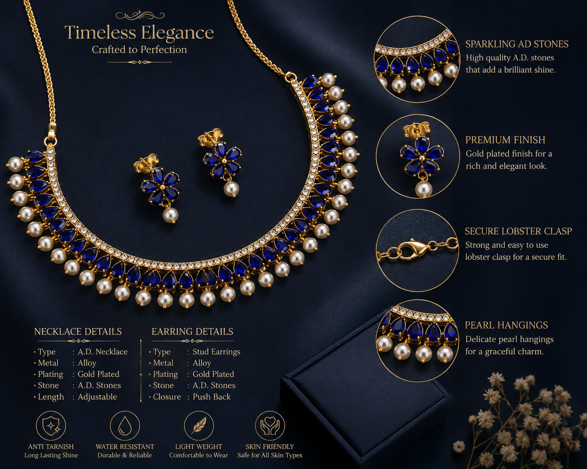Royal Blue Kundan Pearl Necklace & Earrings Set