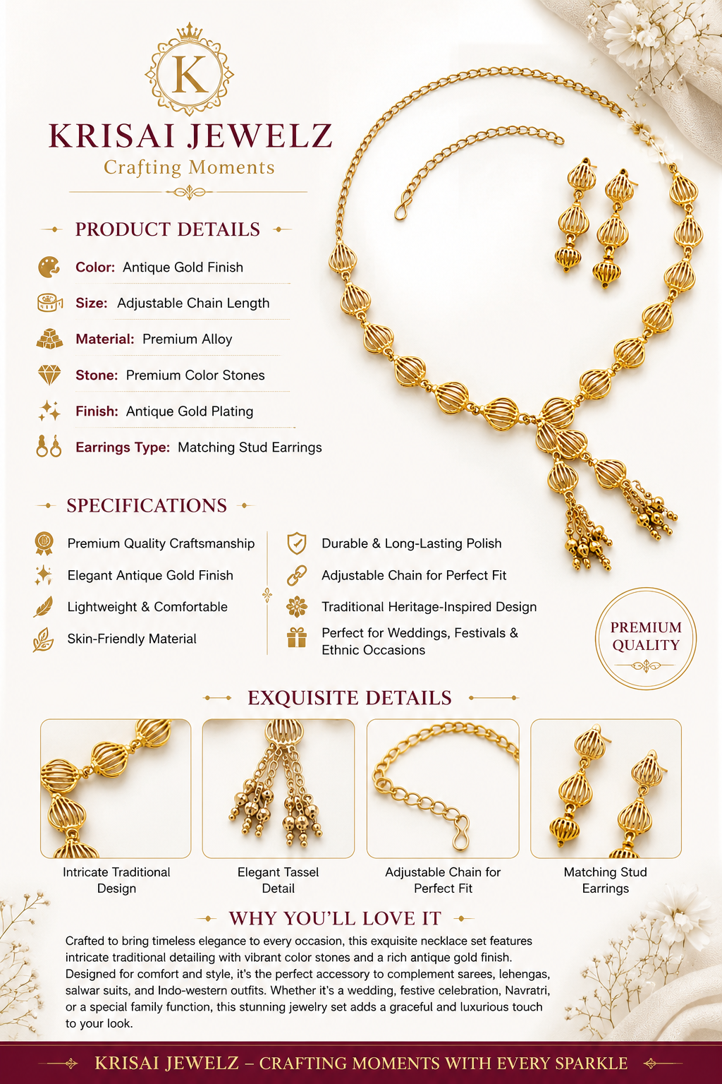 Antique Gold Heart Motif Necklace Set with Matching Earrings