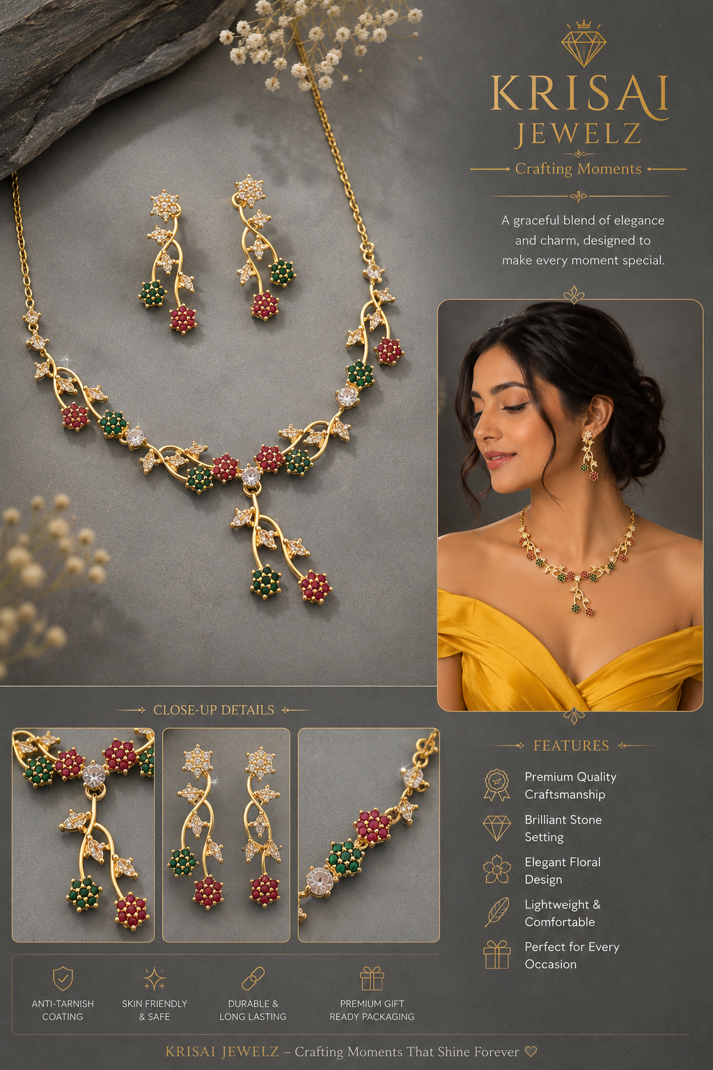 Floral Ruby & Emerald CZ Necklace & Earrings Set for Women