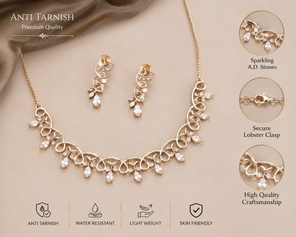 Rose Gold Crystal Necklace & Earrings Set for Women