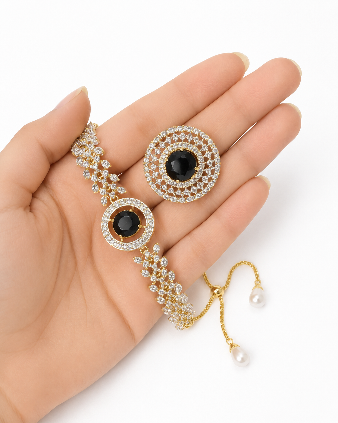 Black Stone Adjustable Bracelet with Ring Set