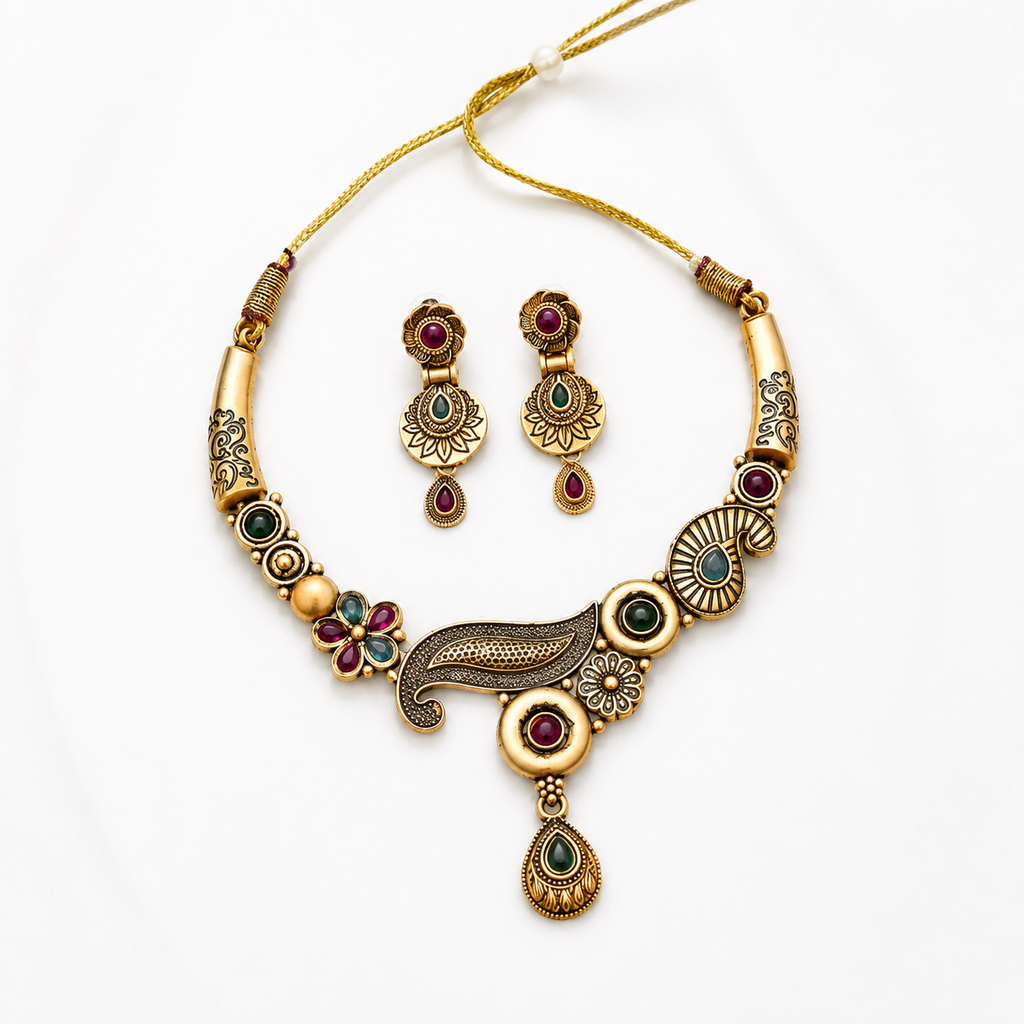 Antique Multicolor Statement Necklace & Earrings Set
