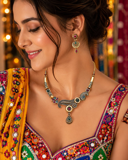 Antique Multicolor Statement Necklace & Earrings Set