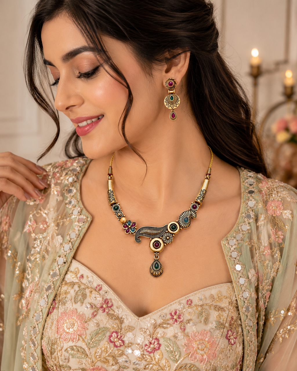 Antique Multicolor Statement Necklace & Earrings Set