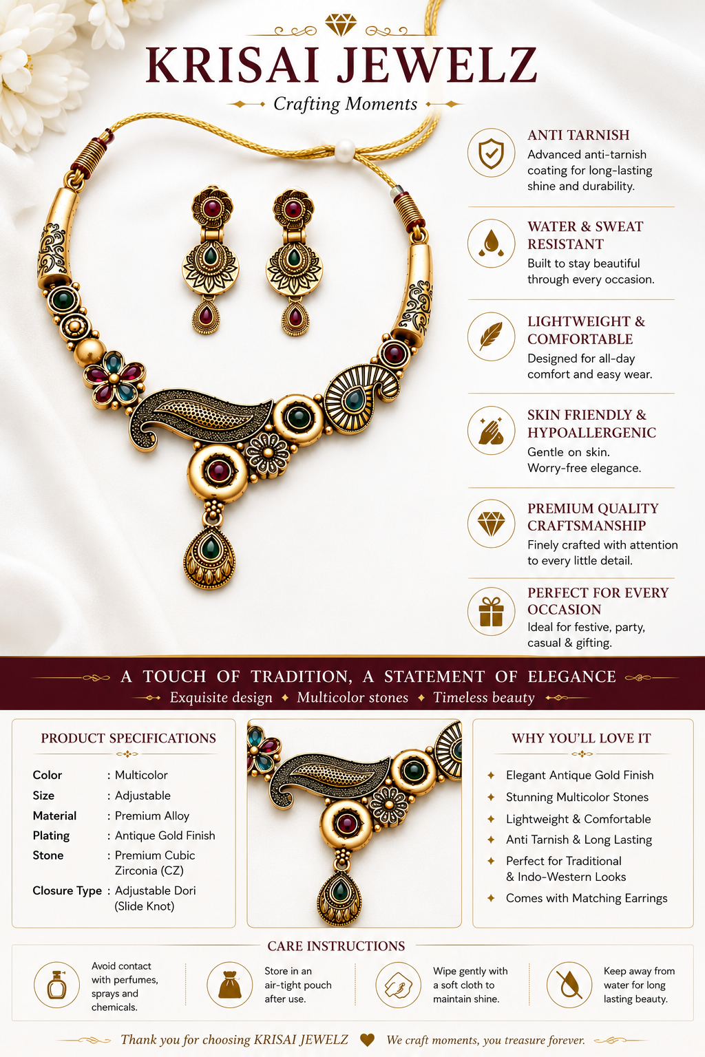 Antique Multicolor Statement Necklace & Earrings Set
