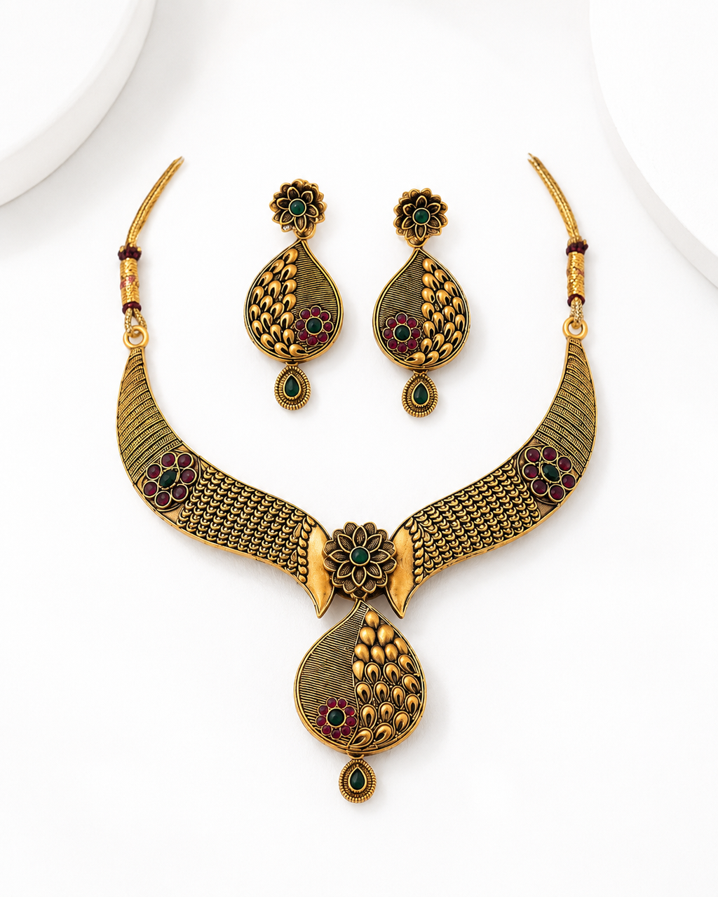 Antique Temple Floral Necklace & Earrings Set