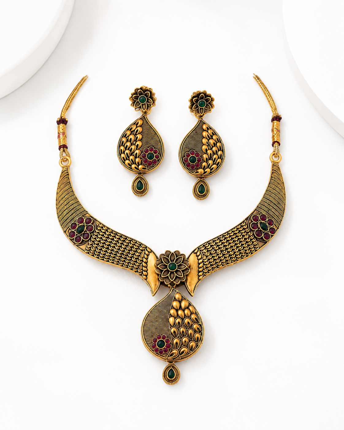 Antique Temple Floral Necklace & Earrings Set