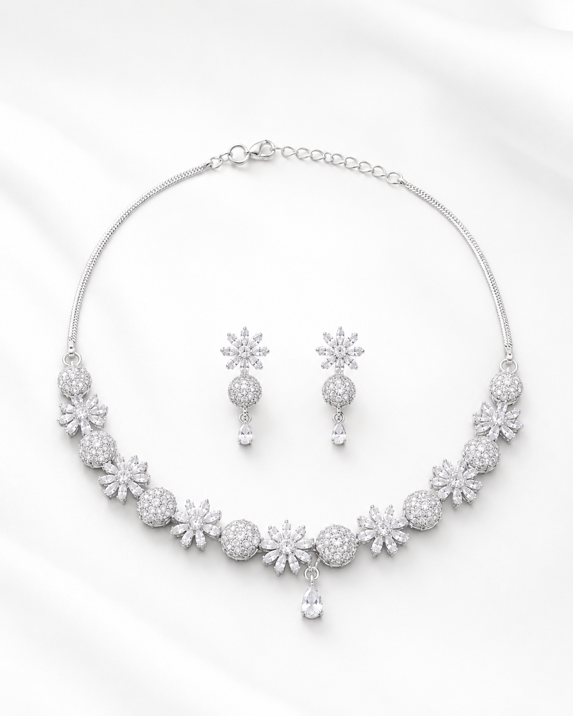 Floral Diamond Necklace & Earrings Set for Women