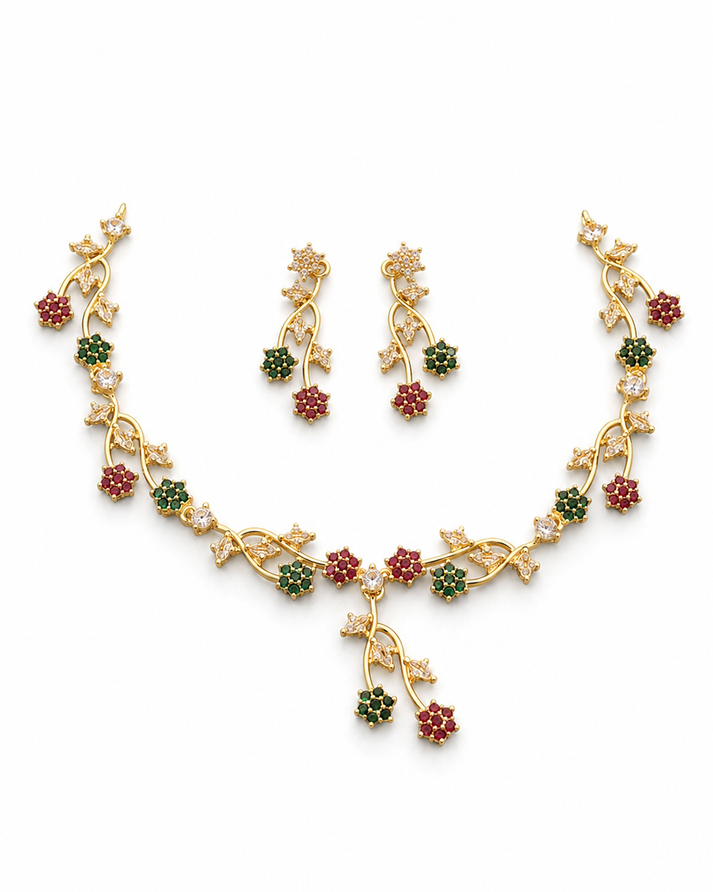 Floral Ruby & Emerald CZ Necklace & Earrings Set for Women