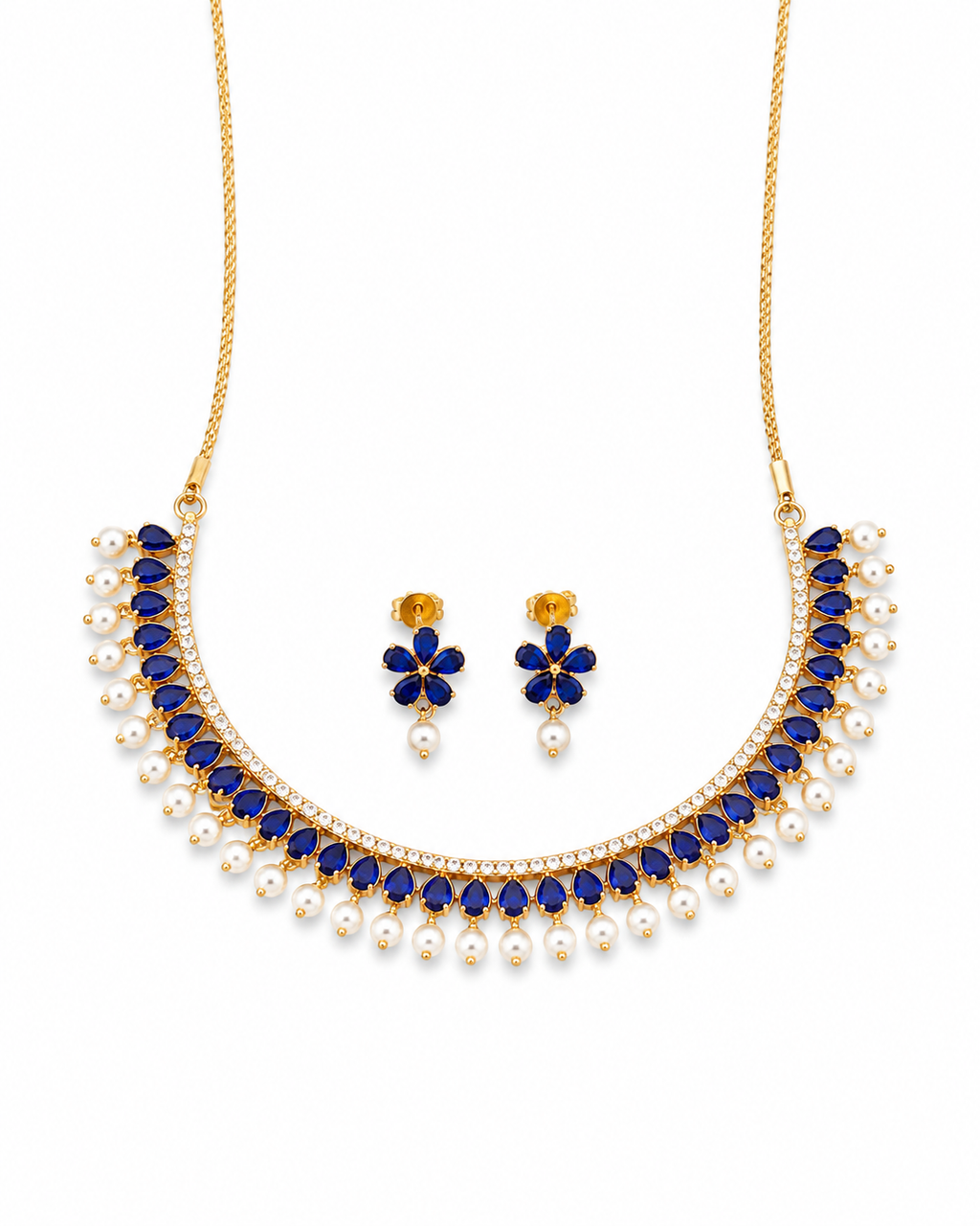 Royal Blue Kundan Pearl Necklace & Earrings Set