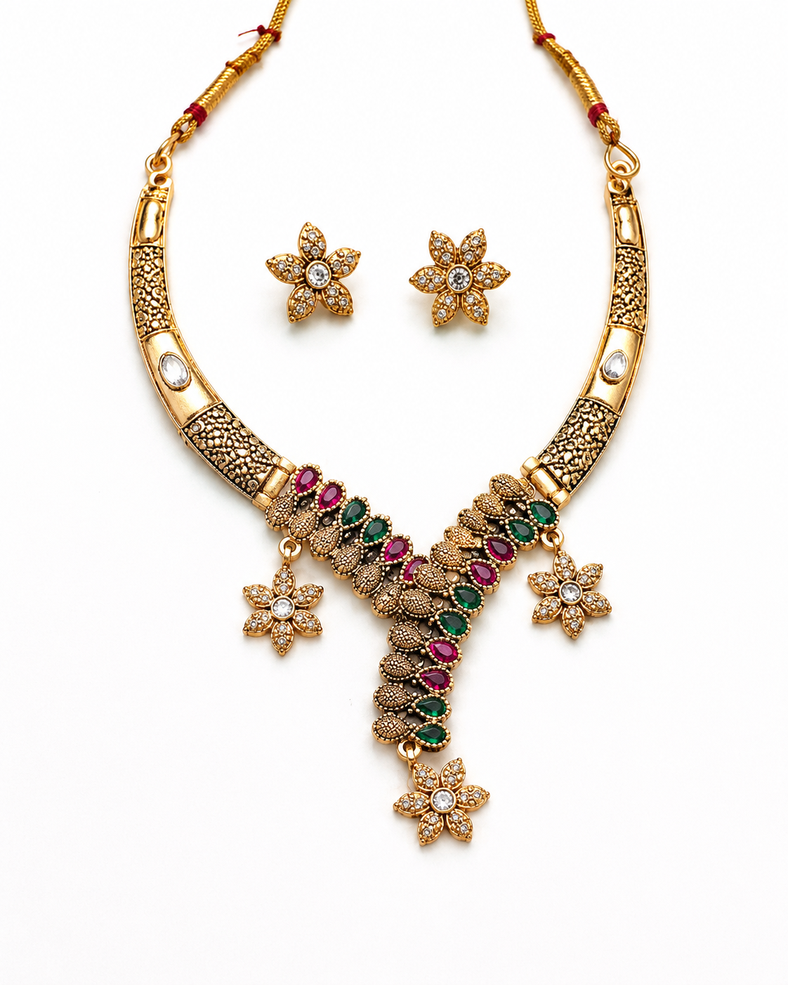 Antique Floral Navratri Necklace Set with Stud Earrings