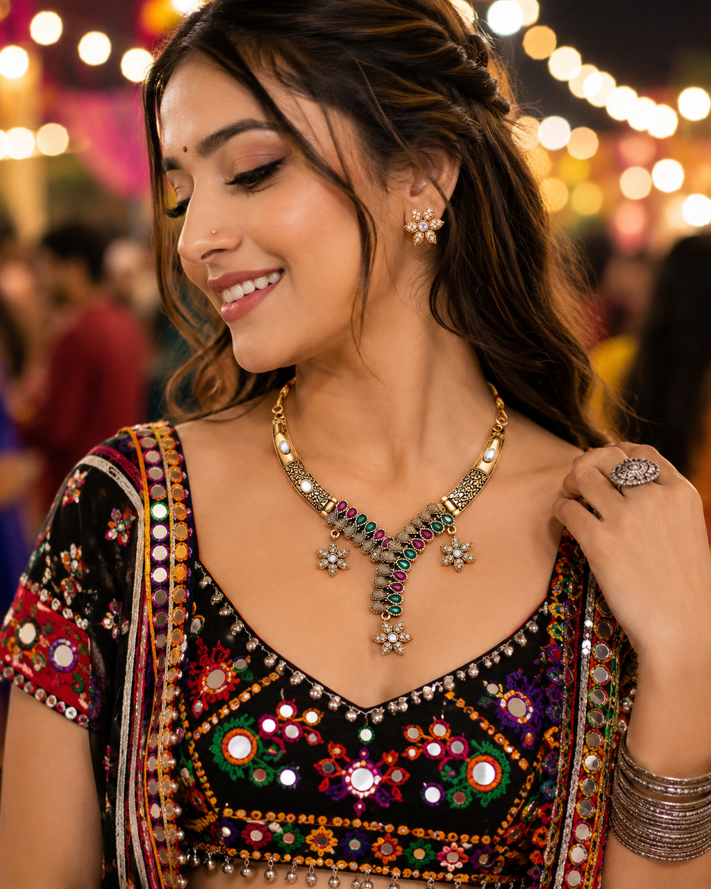 Antique Floral Navratri Necklace Set with Stud Earrings
