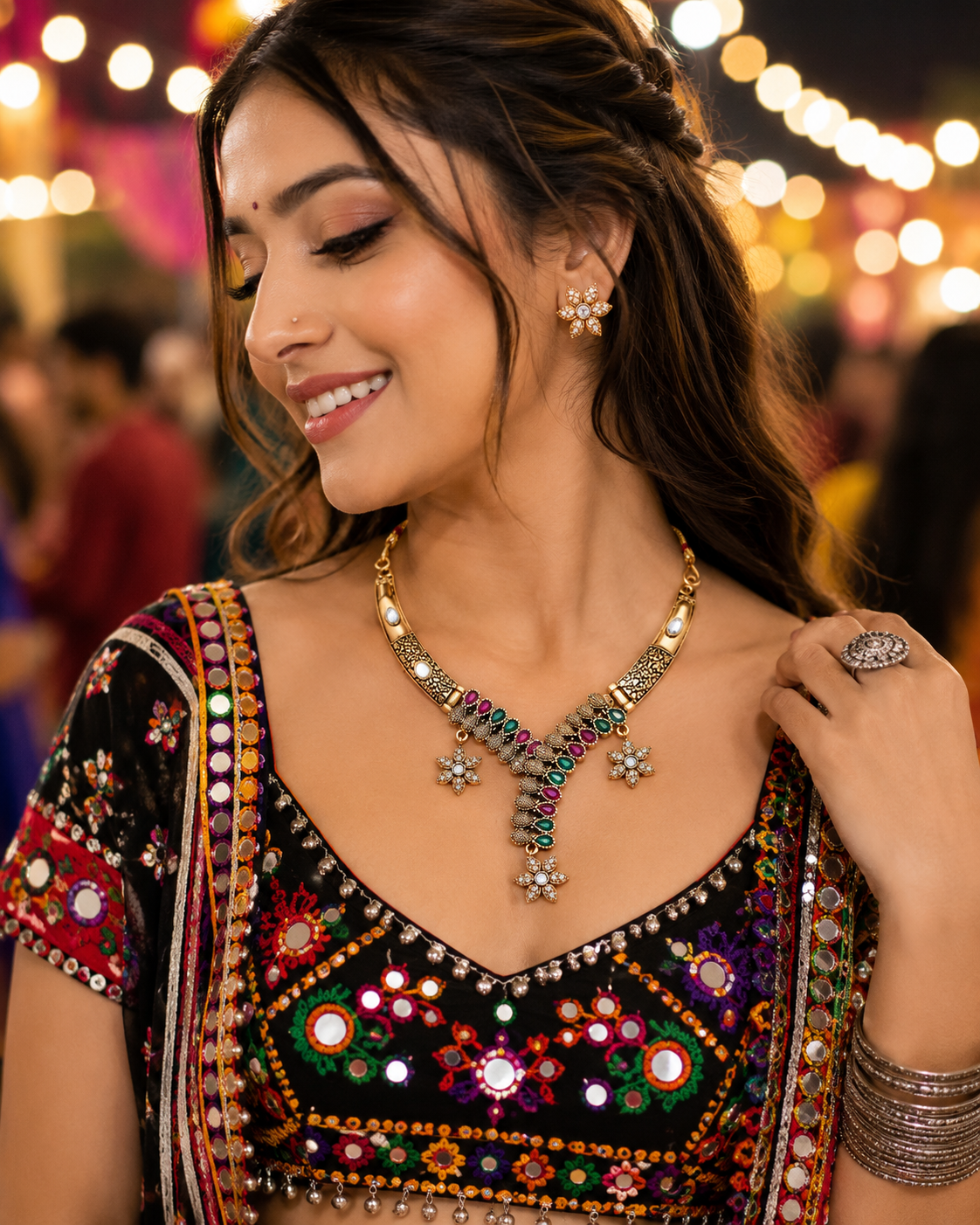 Antique Floral Navratri Necklace Set with Stud Earrings