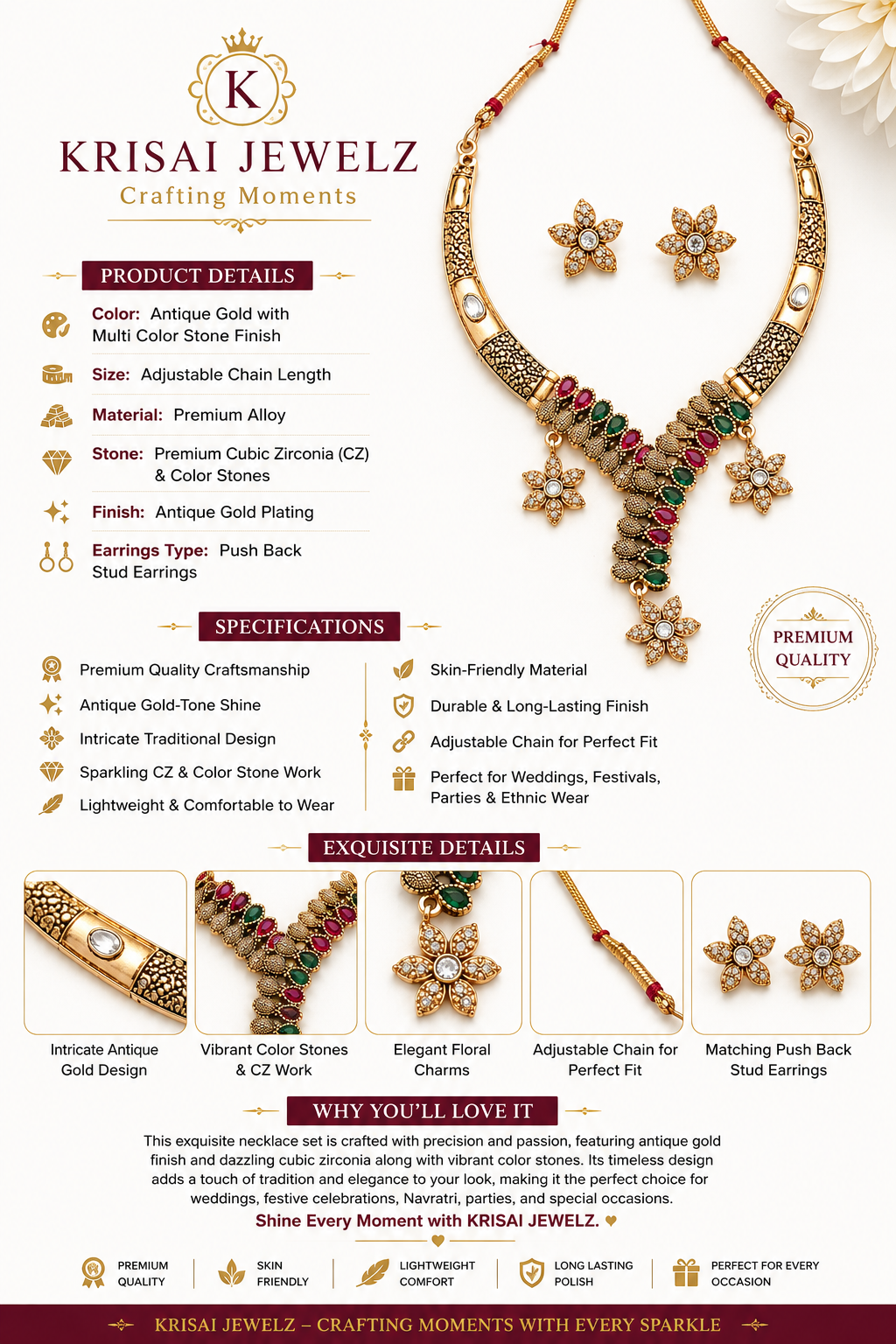 Antique Floral Navratri Necklace Set with Stud Earrings
