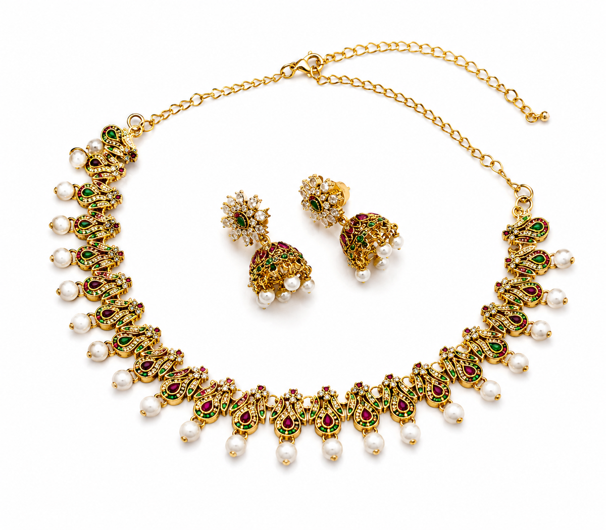 Antique Pearl Drop Temple Necklace Set with Jhumka Earrings