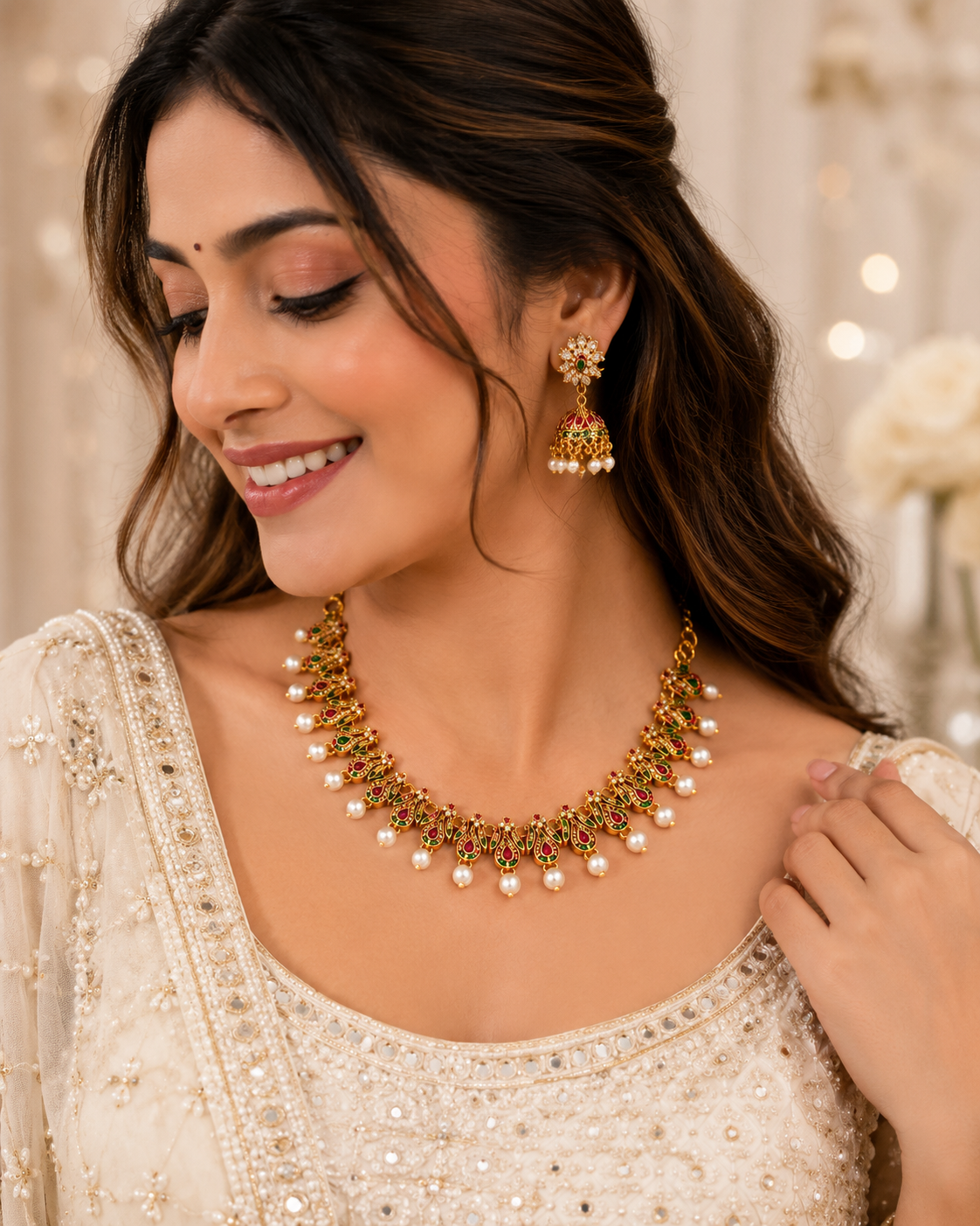 Antique Pearl Drop Temple Necklace Set with Jhumka Earrings