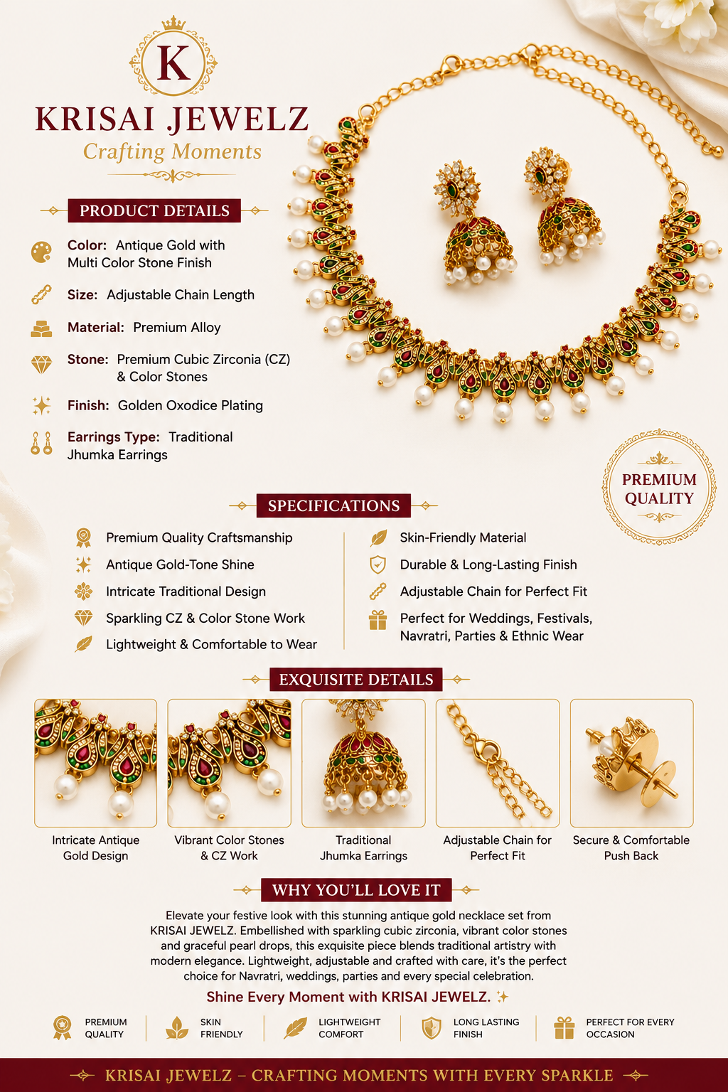 Antique Pearl Drop Temple Necklace Set with Jhumka Earrings