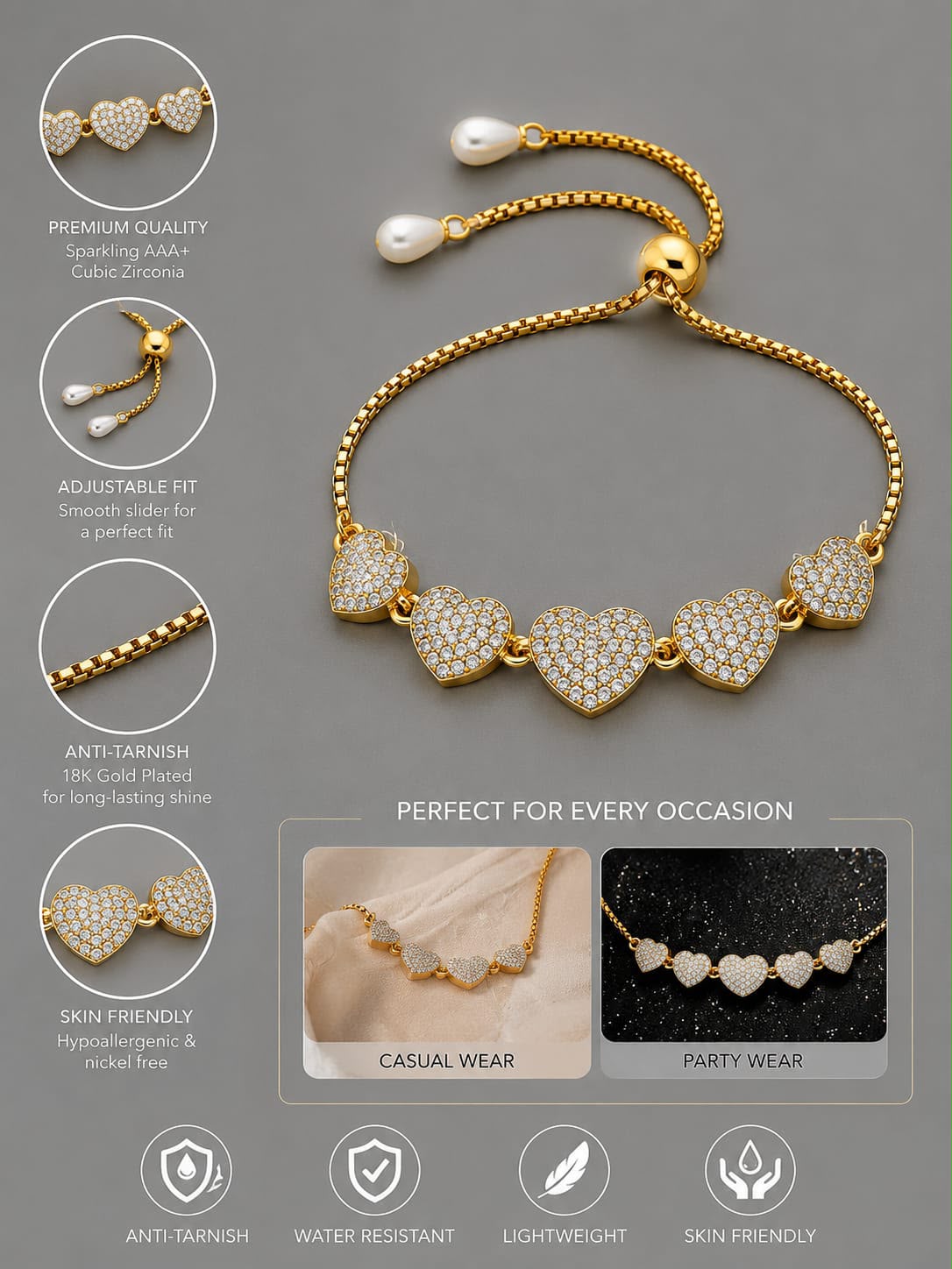 Eternal Hearts Crystal Gold Adjustable Bracelet