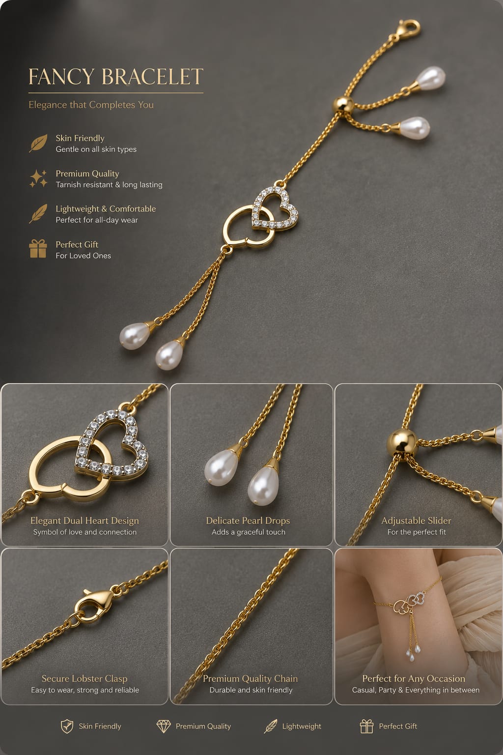 Twin Hearts Crystal Adjustable Bracelet